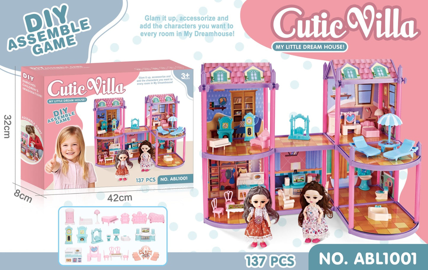 🎀 Cute Doll House Villa Toy – With Accessories! 🏠💖